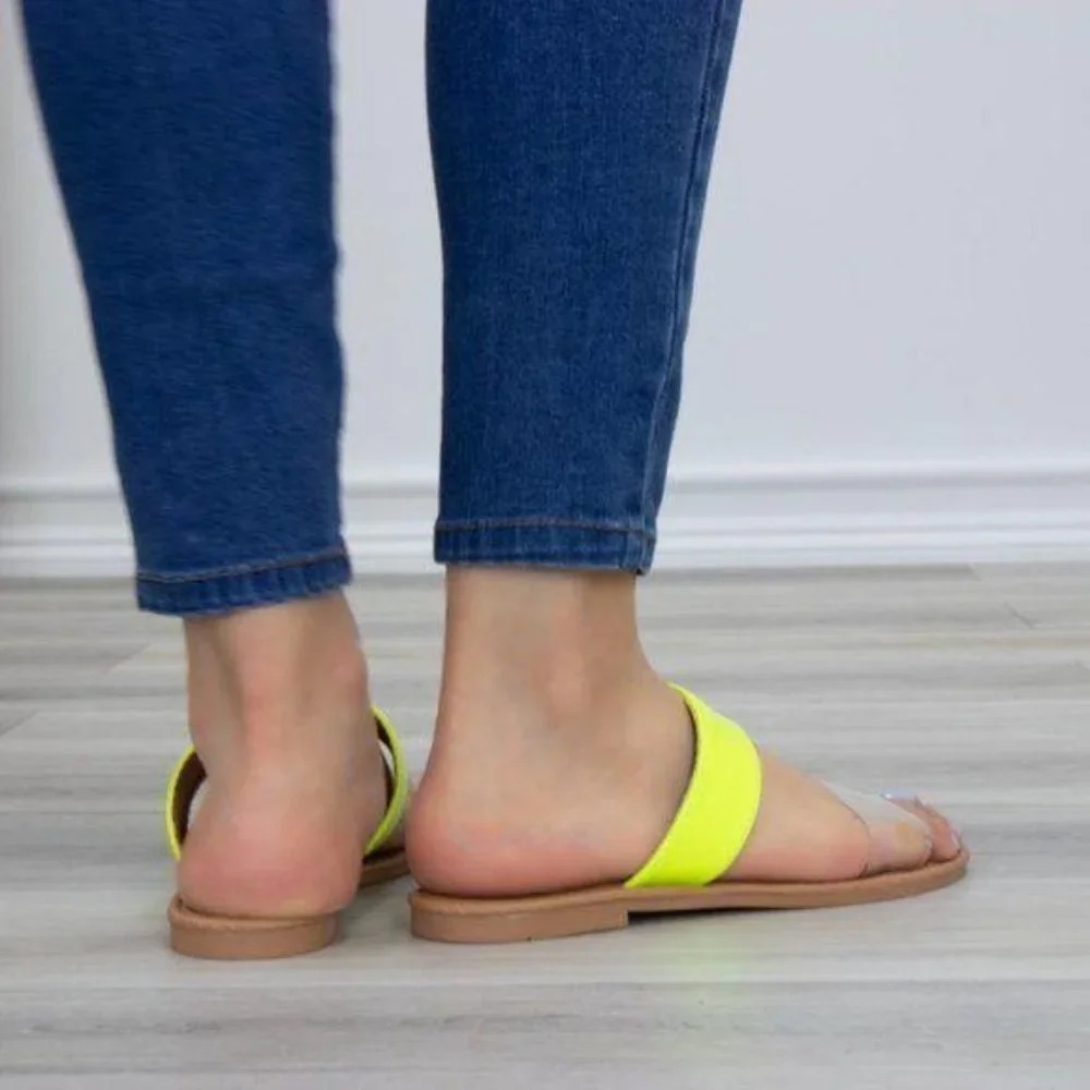 Neon Yellow Clear Transpare Strap Flat Sandals_3